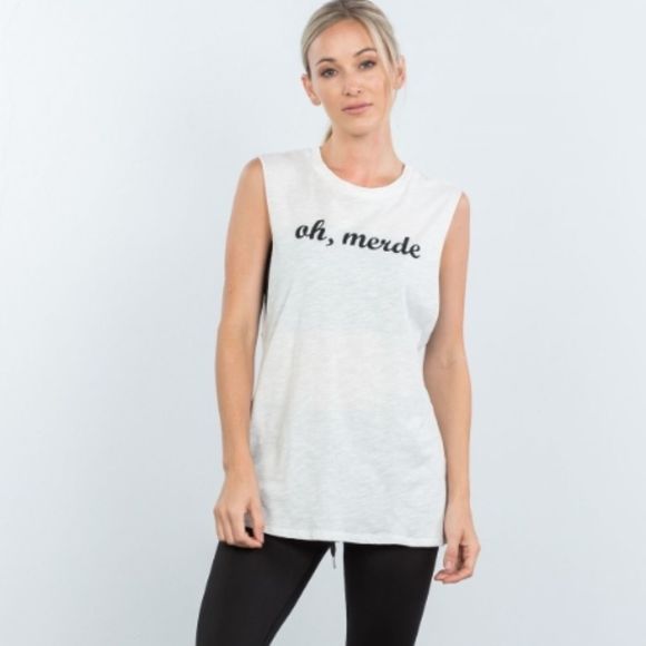 Honey Punch "oh, merde" Oversize Muscle Tank Tops - Picture 1 of 5